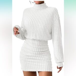 White Ribbed Knit Sweater Dress S